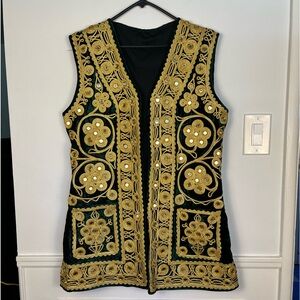 Vintage gold embroidered mirrored velvet long vest